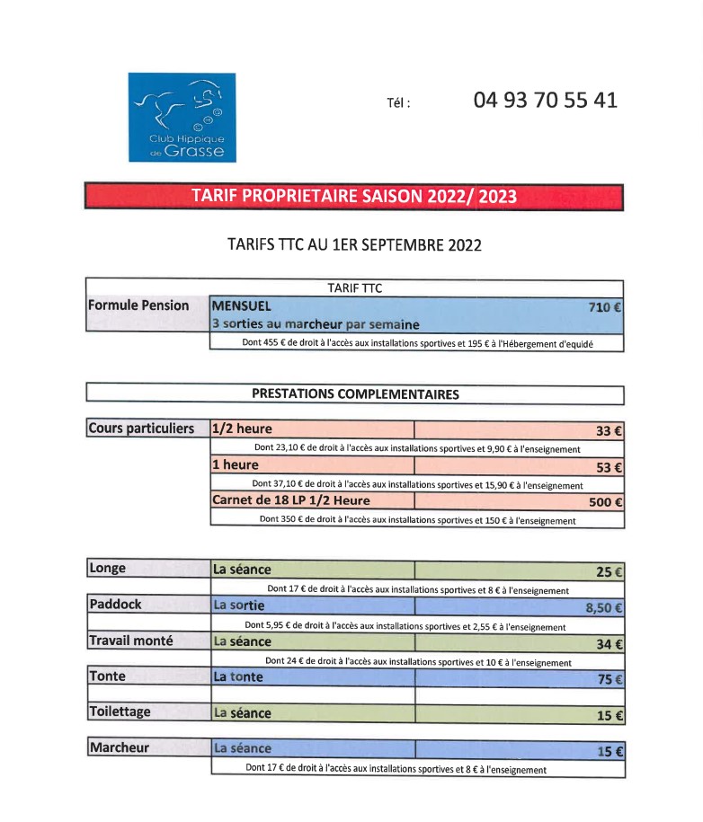 Tarifs Proprietaires 2022 2023