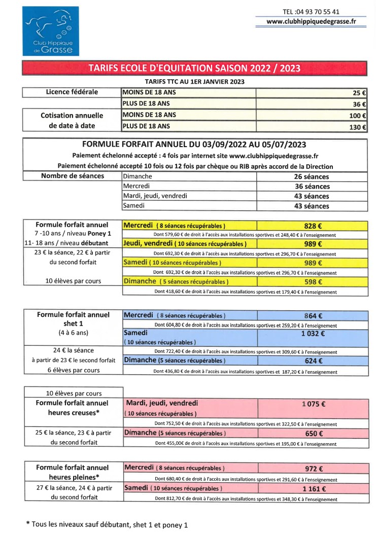 Tarif Ecole 2022 2023