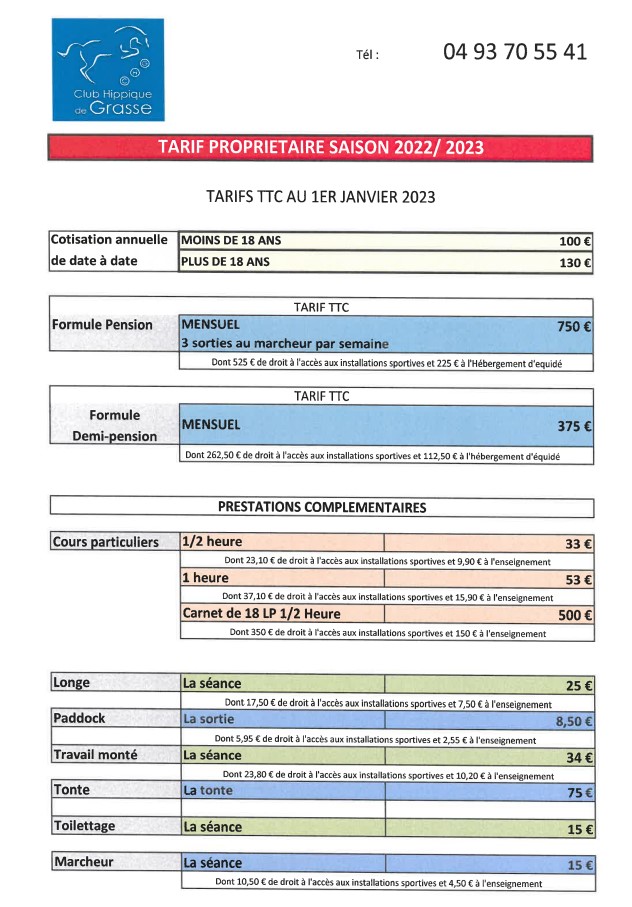 Tarif Proprietaire 2022 2023