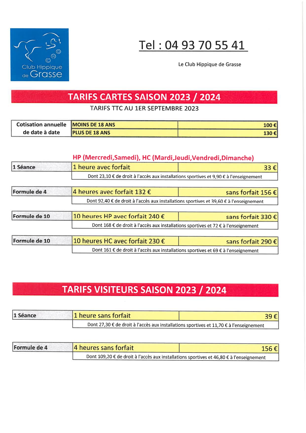tarifs cartes 2023 2024