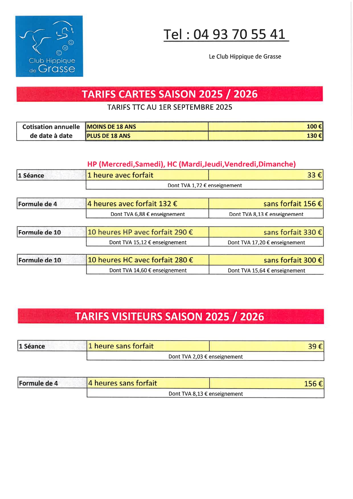 TARIFS CARTES 2025-2026