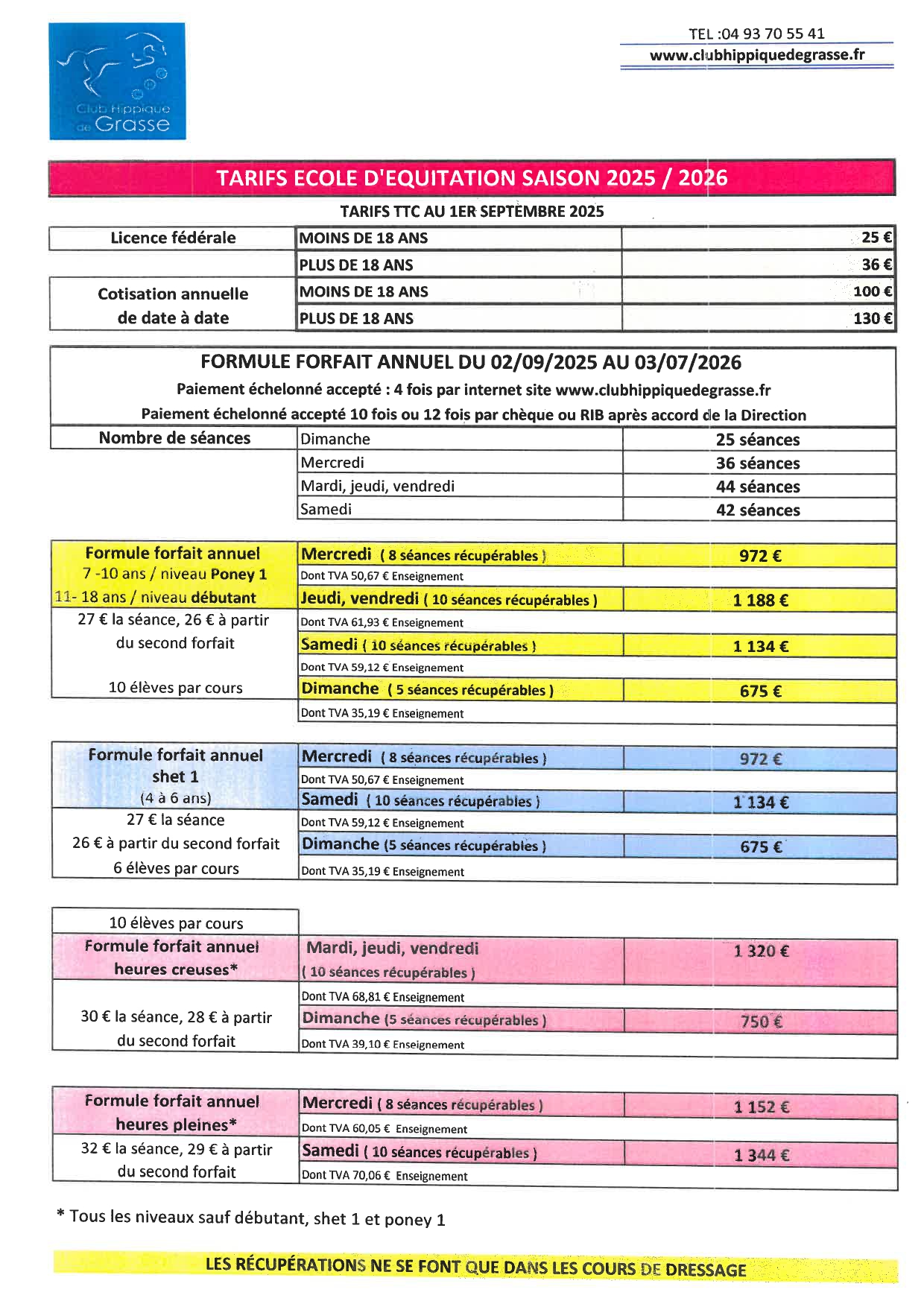 TARIFS ECOLE D'EQUITATION SAISON 2025-2026