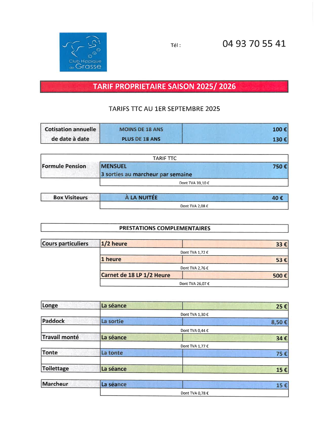 TARIFS PROPRIETAIRES 2025-2026
