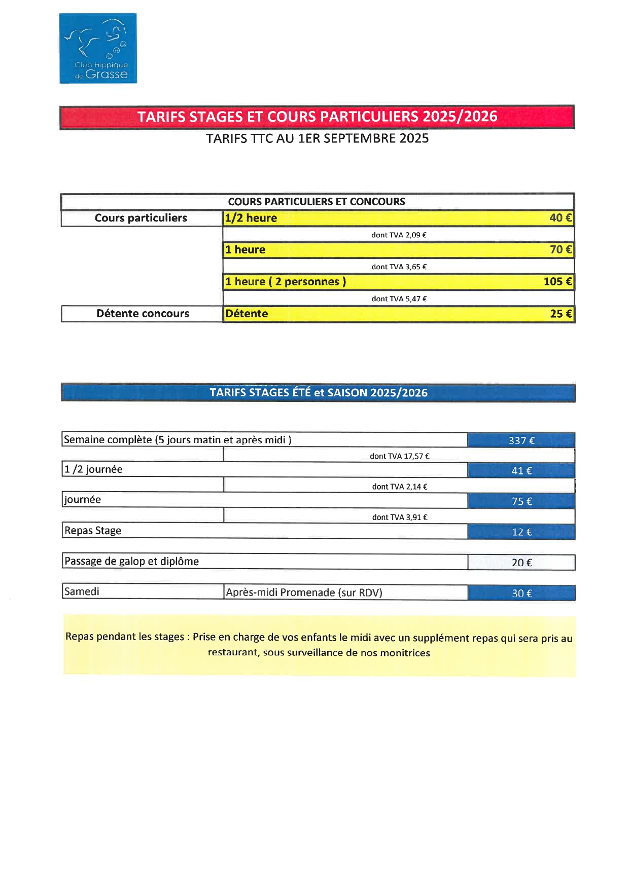 TARIFS STAGES ET LP 2025-2026